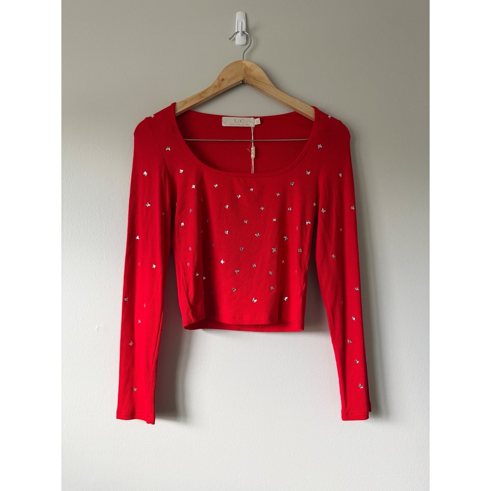 Lizette Collection Red Ribbed Butterfly Rhinestone Square Neck Crop Top M NEW